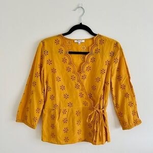 Madewell Eyelet Lace Blouse Wrap Top Golden Yellow with Scallopped Edge Size XS